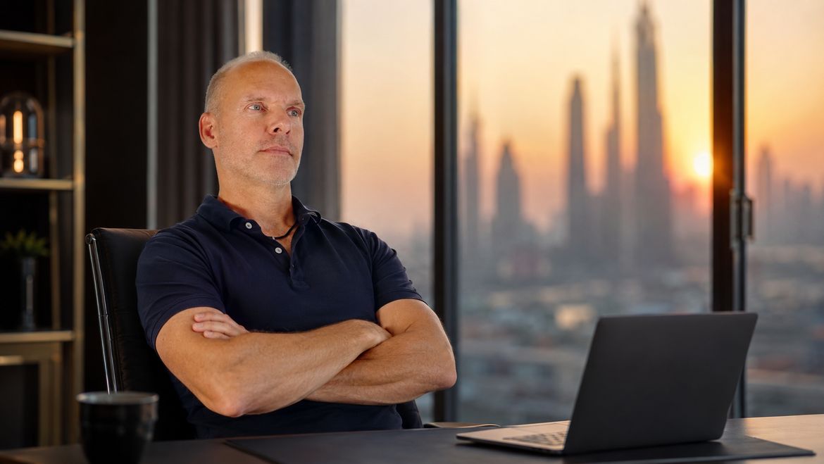 Andy Herrmann am Schreibtisch mit Laptop, im Hintergrund die Skyline von Dubai bei Sonnenuntergang