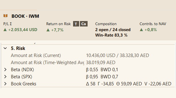 BOOK-Cockpit mit P/L Σ, Return on Risk, Composition und Contrib. to NAV, darunter PropertyGrid mit Risk-Kennzahlen (Beta, Book Greeks)