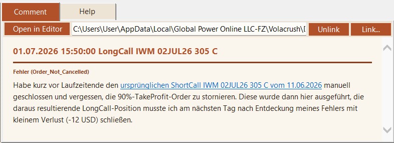Comment-Tab mit einem HTML-Kommentar zu einem LongCall-Trade, darin ein klickbarer GoLink (blau, unterstrichen) zum ursprünglichen ShortCall