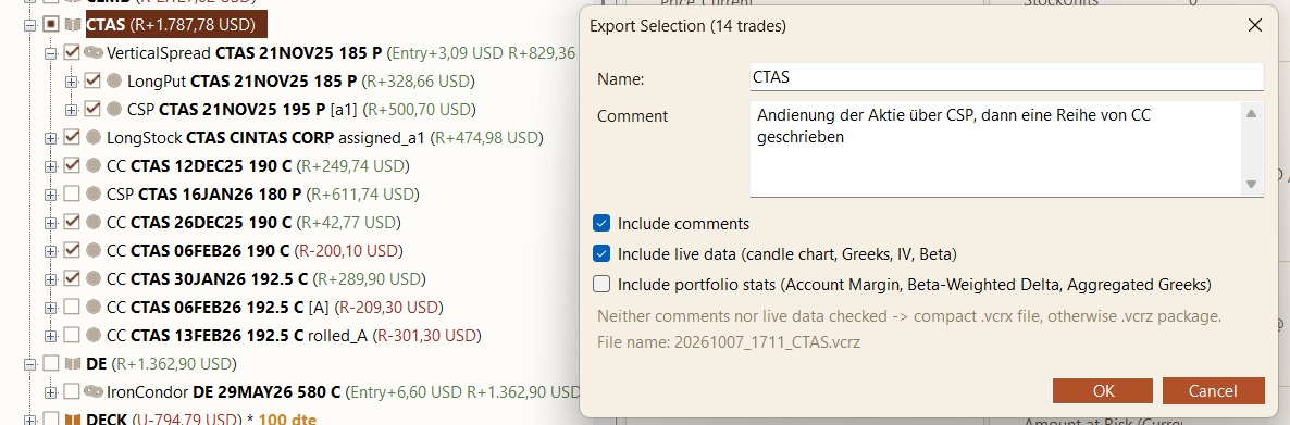 Export-Dialog von Volacrush: Portfolio-Baum mit Tri-State-Checkboxen links (CTAS-Book teilweise ausgewählt), rechts der Export-Dialog mit Name, Kommentar und Optionen für Kommentare, Live-Daten und Portfolio-Stats