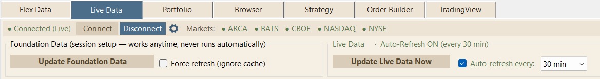 Live-Data-Tab: Markt-Status je Börse (ARCA, BATS, CBOE, NASDAQ, NYSE), Update-Live-Data-Now-Button und Auto-Refresh-Intervall-Schalter