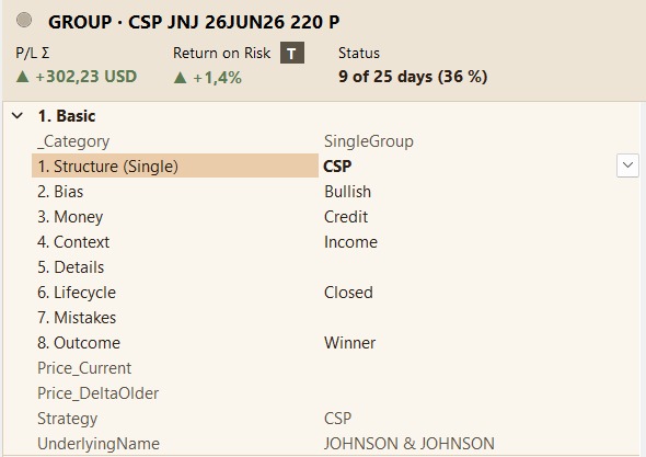 PropertyGrid mit Tag-Kategorien, 'Structure (Single)' fett als manuell gesetztes CSP hervorgehoben, darüber das Group-Cockpit mit P/L Σ, Return on Risk und Status